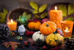 Autumnal colorful pumpkins on candle and fallen leaves background